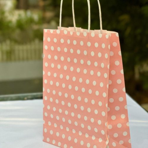 1.Kalite 18x8x24 Cm (1 Adet) Pembe Renk Beyaz Benekli Kraft Kağıt Çanta,Hediye Poşeti,Hediye Paketi
