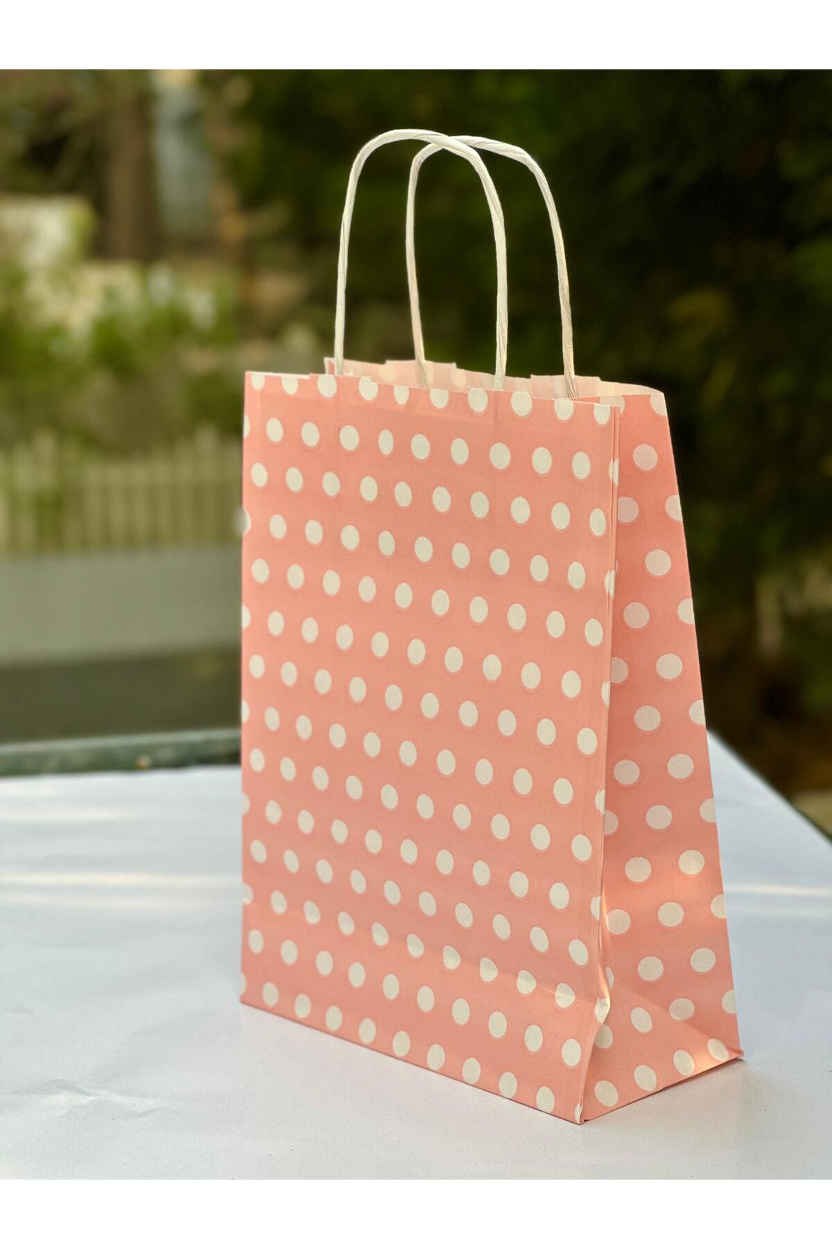 1.Kalite 18x8x24 Cm (1 Adet) Pembe Renk Beyaz Benekli Kraft Kağıt Çanta,Hediye Poşeti,Hediye Paketi
