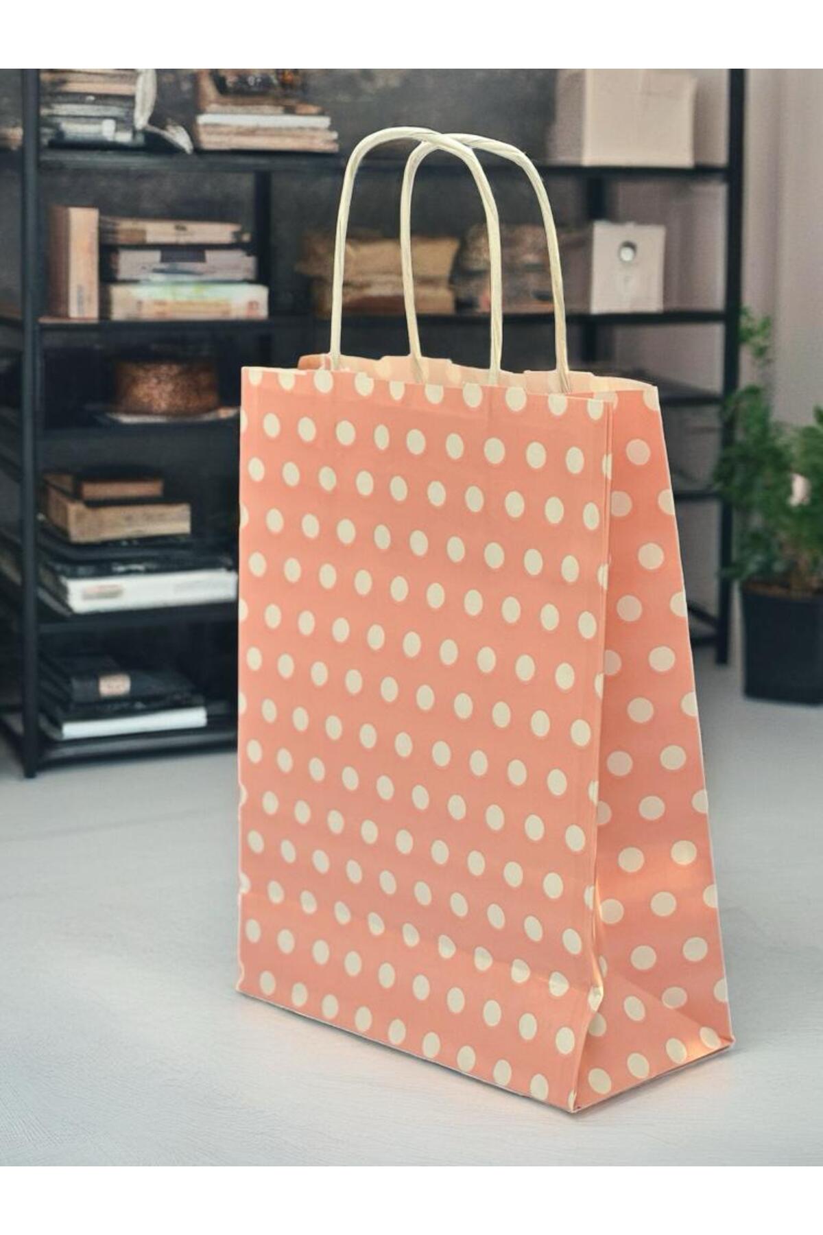 1.Kalite 18x8x24 Cm (1 Adet) Pembe Renk Beyaz Benekli Kraft Kağıt Çanta,Hediye Poşeti,Hediye Paketi - Görsel 2