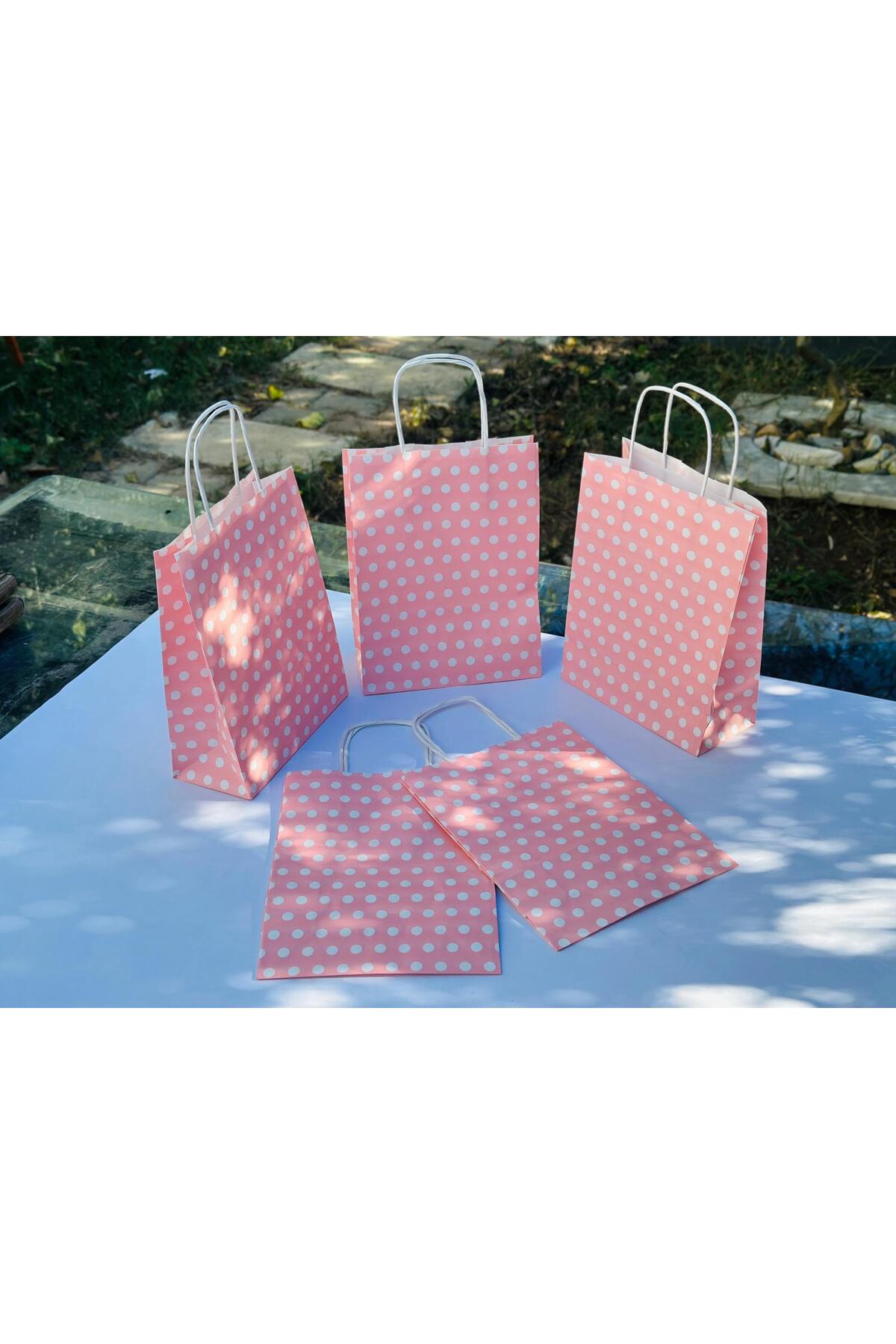 1.Kalite 18x8x24 Cm (1 Adet) Pembe Renk Beyaz Benekli Kraft Kağıt Çanta,Hediye Poşeti,Hediye Paketi - Görsel 3