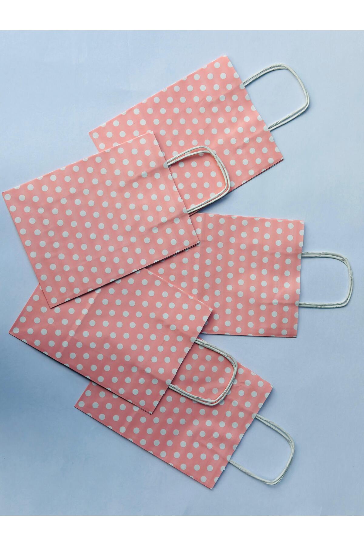 1.Kalite 18x8x24 Cm (1 Adet) Pembe Renk Beyaz Benekli Kraft Kağıt Çanta,Hediye Poşeti,Hediye Paketi - Görsel 4