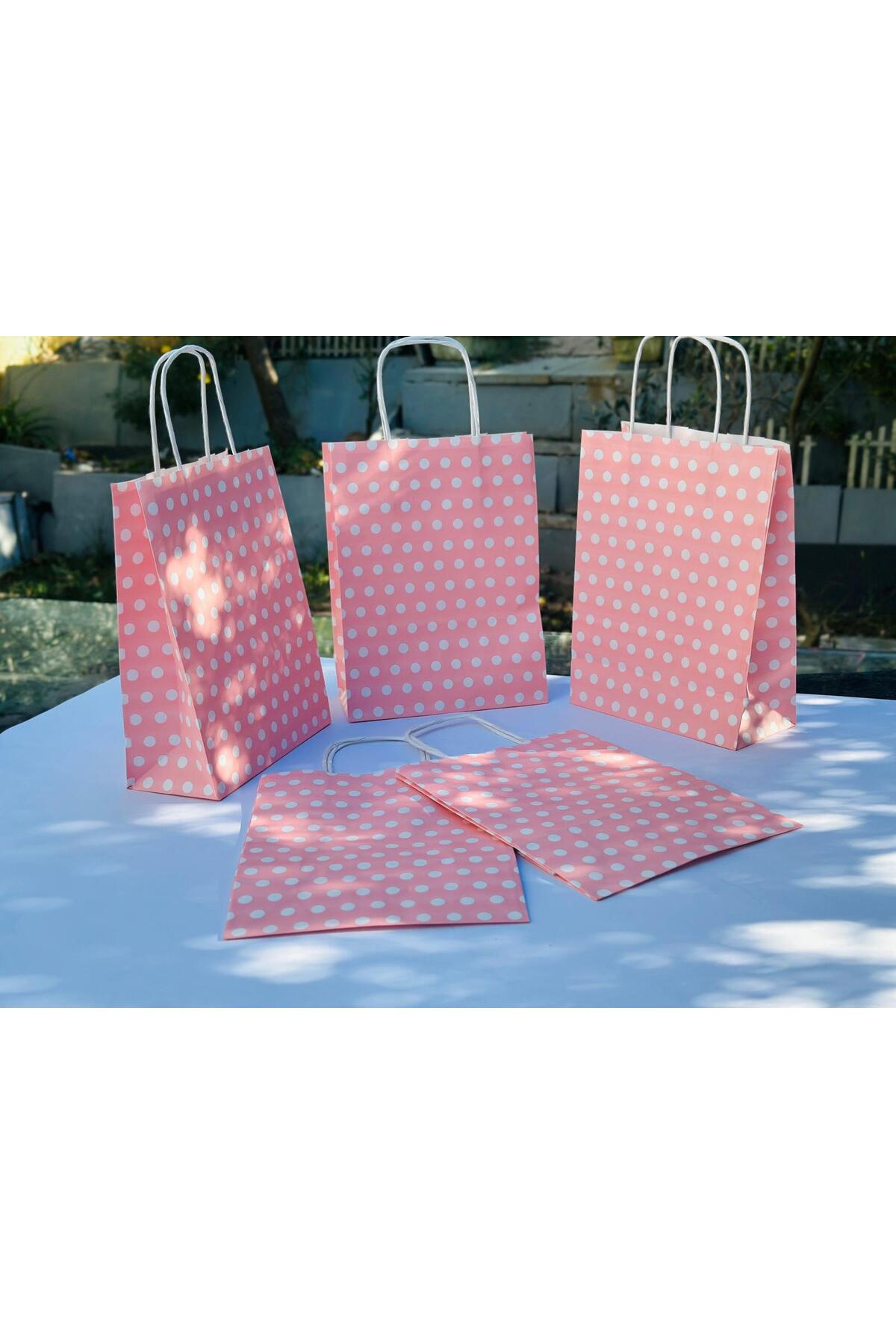1.Kalite 18x8x24 Cm (1 Adet) Pembe Renk Beyaz Benekli Kraft Kağıt Çanta,Hediye Poşeti,Hediye Paketi - Görsel 5