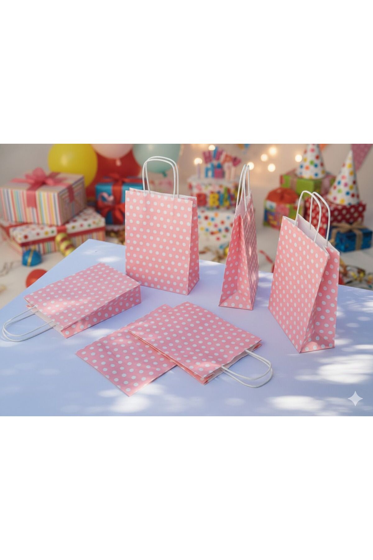 1.Kalite 18x8x24 Cm (1 Adet) Pembe Renk Beyaz Benekli Kraft Kağıt Çanta,Hediye Poşeti,Hediye Paketi - Görsel 6