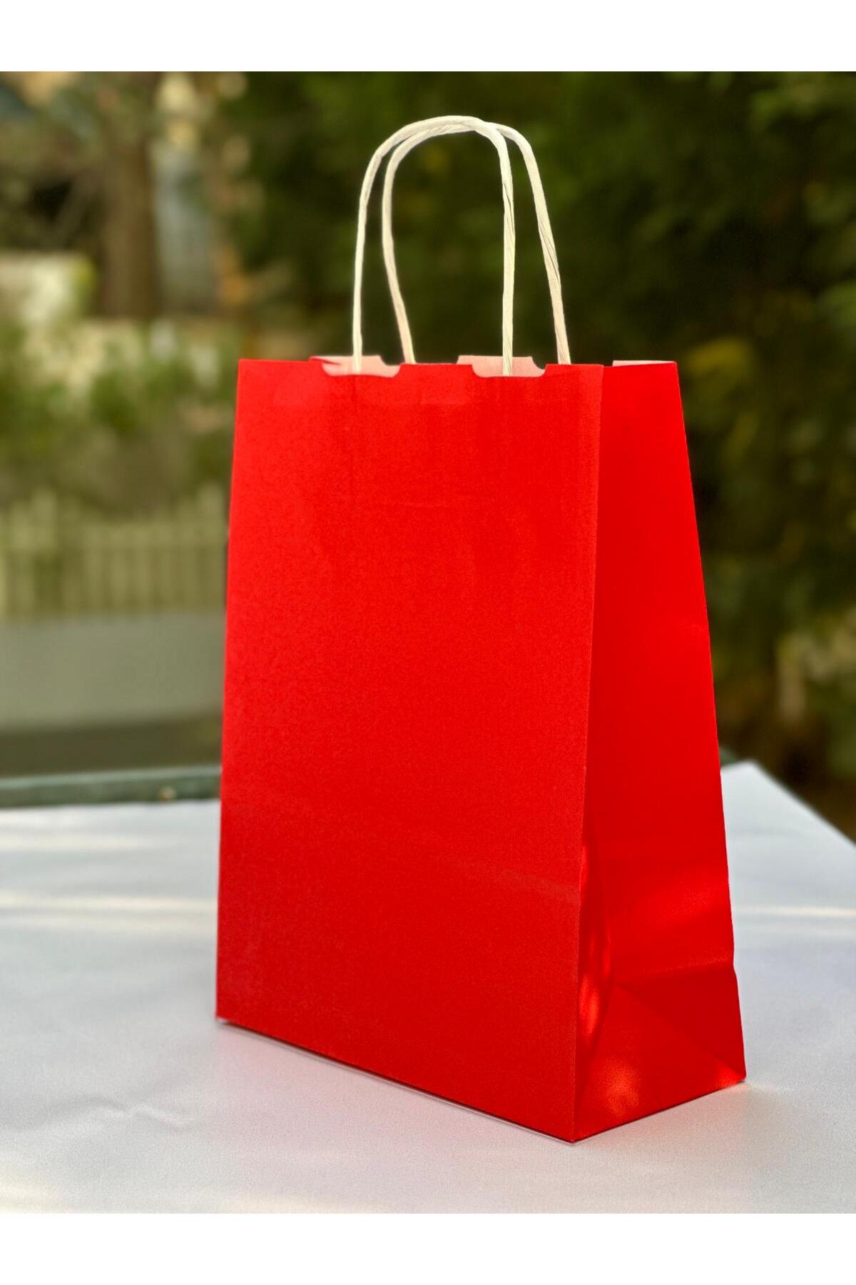 1.Kalite 18x8x24Cm 1’Li Kırmızı Renkli Kraft Kağıt Çanta Hediye Poşeti Hediye Paketi Kraft Çanta