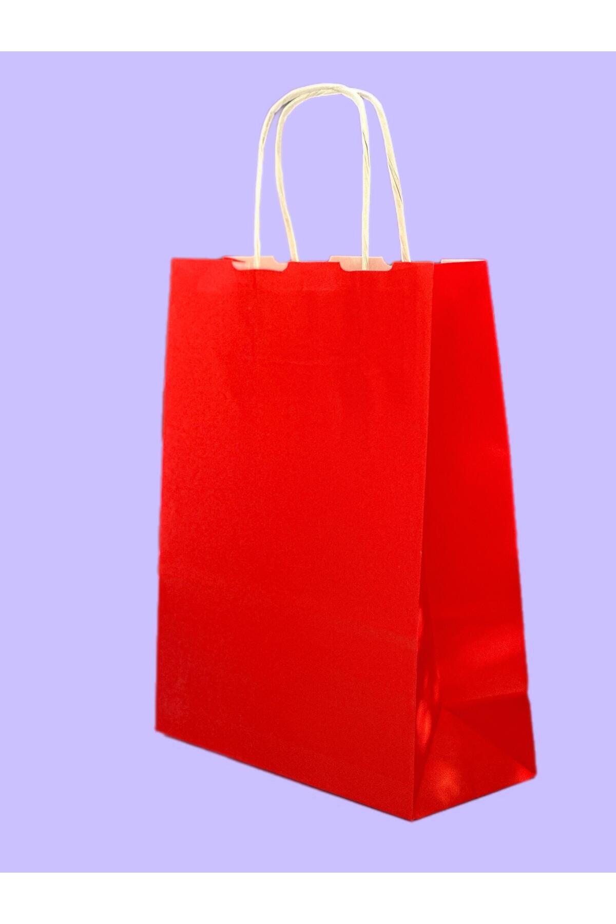 1.Kalite 18x8x24Cm 1’Li Kırmızı Renkli Kraft Kağıt Çanta Hediye Poşeti Hediye Paketi Kraft Çanta - Görsel 2