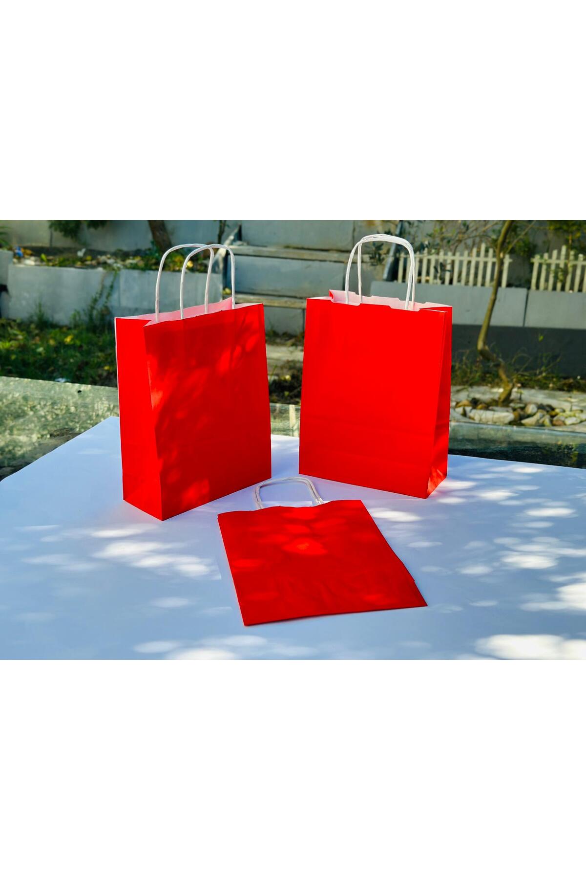 1.Kalite 18x8x24Cm 1’Li Kırmızı Renkli Kraft Kağıt Çanta Hediye Poşeti Hediye Paketi Kraft Çanta - Görsel 8