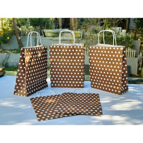 1.Kalite 18x8x24Cm 5 Adet Kahverengi Renk Beyaz Benekli Kraft Kağıt ÇantaHediye PoşetiHediye Paketi