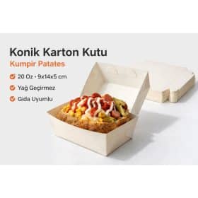 Kumpir Patates Konik Karton Kutu 20 Oz 9x14x5 cm Yağ Geçirmez Gıda Uyumlu 100 Adet