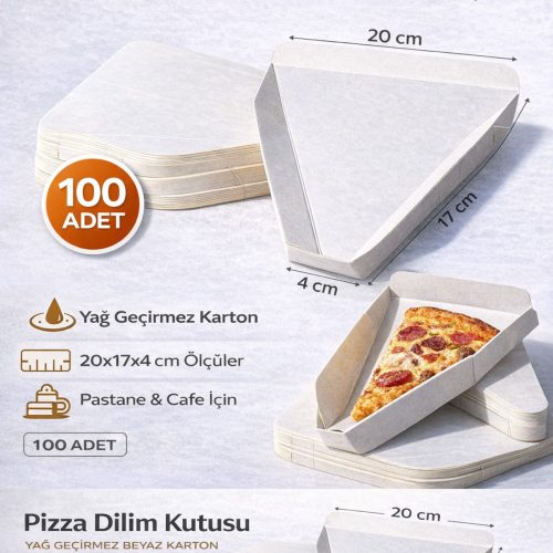 Pizza Dilim Kutusu 20x17x4 cm – Beyaz Yağ Geçirmez Karton – 100’lü Paket | Pastane & Cafe İçin