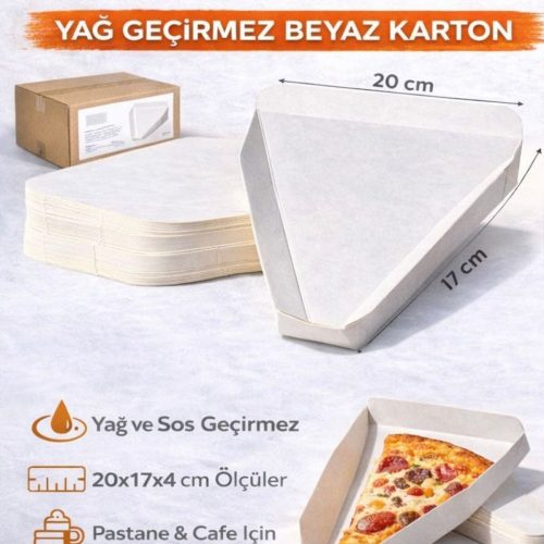 Pizza Dilim Kutusu 20x17x4 cm – Beyaz Yağ Geçirmez Karton – 50’li Paket | Pastane & Cafe İçin