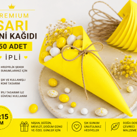 Premium Sarı Koni Kağıdı 50 Adet | İpli Hediyelik İkram ve Şeker Sunum Külahı
